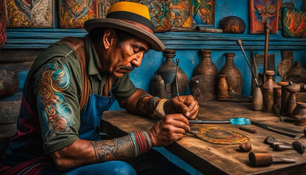 Los Pintados artisan using a hafted tool and mallet to create a tattoo