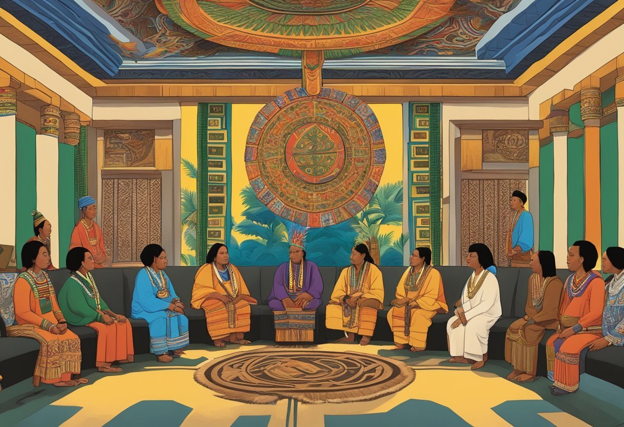 Datu Zula meets with other leaders, discussing alliances and trade agreements in a grand hall adorned with tribal symbols