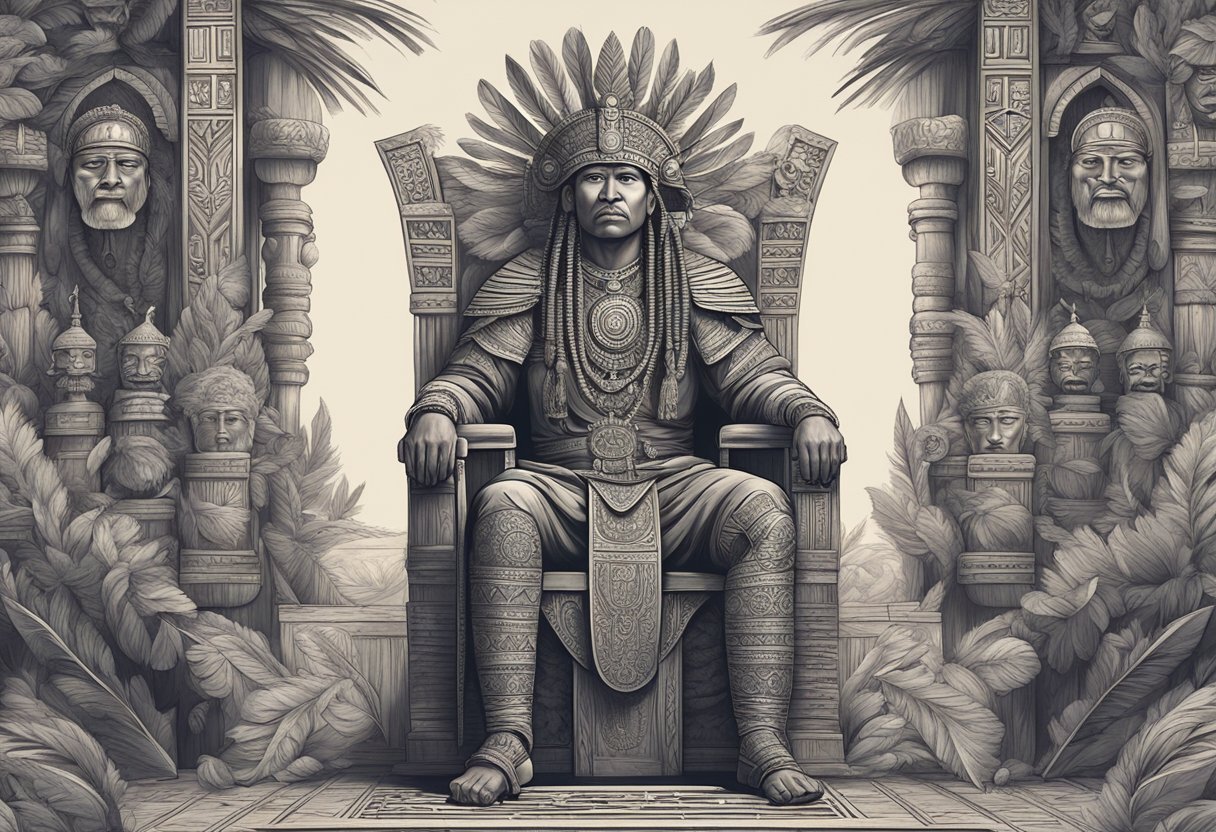 A tribal leader sits on a wooden throne, adorned with feathers and intricate carvings. Surrounding him are symbols of power and authority, including spears, shields, and ceremonial masks