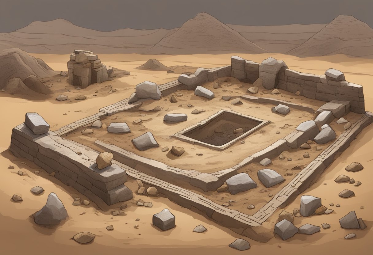 A dig site with ancient artifacts, pottery shards, and bones scattered among the dirt. A weathered stone tablet with inscriptions lies partially uncovered